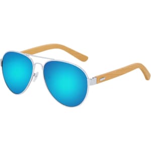 A pair of aviator sunglasses with blue mirrored lenses and wooden-inspired temples, featuring a logo on the frame.