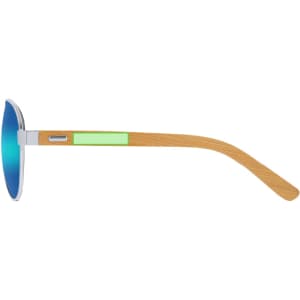 Gunok Sunglasses featuring a blue tinted lens and a bamboo frame with a green accent on the arm.