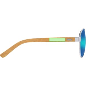 A pair of sunglasses with blue lenses and wooden-style arms, featuring a green accent on the side.