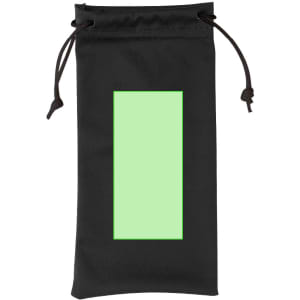 A black pouch with a drawstring, featuring a rectangular green area in the centre. It has a logo on the front.