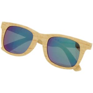 Wooden-effect sunglasses with blue-tinted lenses and a sleek design, featuring a logo on the side.