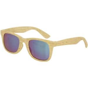 A pair of wooden sunglasses with multi-coloured lenses and a natural finish. Features a logo on the temple.
