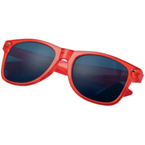 Red sunglasses with dark lenses and a logo on the frame. Ideal for leisure and outdoor activities.