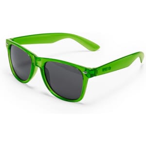 A pair of green sunglasses with dark lenses and a sleek design, featuring a logo on the side.