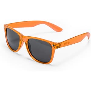 Orange sunglasses with dark lenses, featuring a stylish design and a logo on the side of the frame.