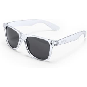 Clear-framed sunglasses with black lenses, featuring a logo on the arm. Ideal for outdoor leisure activities.