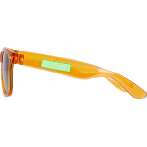 Orange sunglasses with a translucent frame and a green label on the side, featuring a logo.