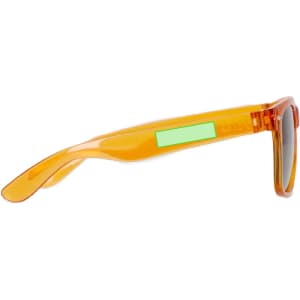 A pair of orange sunglasses with a transparent frame and grey tinted lenses. Includes a branding logo on the side.