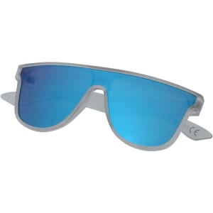 A pair of oversized sunglasses with a silver frame and blue lenses, featuring branding on the sides.