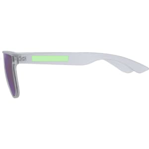 Chick sunglasses with clear frames and purple tinted lenses, featuring a green accent on the arm and a logo.