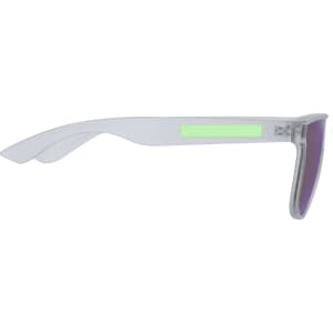 A pair of clear sunglasses with purple lenses and a glowing green accent on the side.