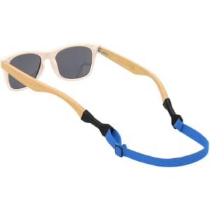 A pair of sunglasses with a wooden frame and grey lenses, attached to a blue strap.
