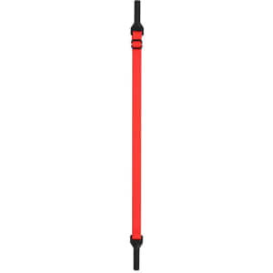 A red glasses strap with black ends, designed for securing sunglasses or eyewear.