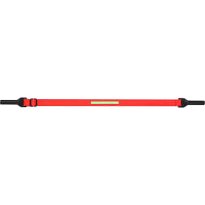 A red glasses strap featuring black ends and a reflective strip, designed for securing sunglasses.