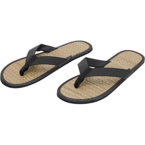 Black flip flops with a woven beige sole, featuring a logo on the strap. Ideal for casual wear.