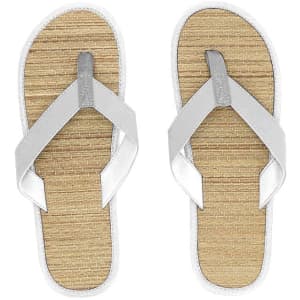 A pair of Sirgu flip flops in white and silver with a textured tan sole. The design features a thong style.