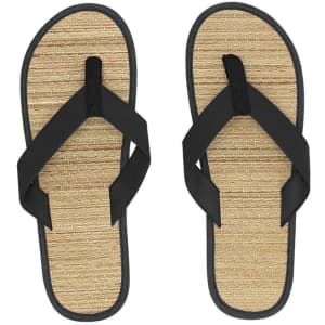 Black thongs with a textured natural footbed, featuring a simple design and a logo on the strap.