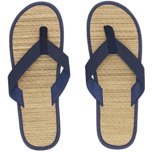 Navy blue thongs with woven natural fibre footbeds, featuring a simple design and flat soles.