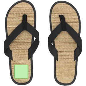 Black flip flops with a textured tan sole, featuring a simple design and a logo on the base.