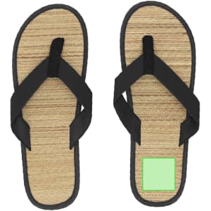 Black thongs with a natural woven sole and a simple design. The footwear features a logo on one side.