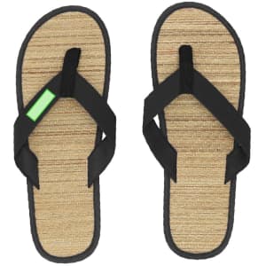 A pair of Sirgu flip flops featuring black straps and a natural, woven footbed. The sandals have a logo on one strap.