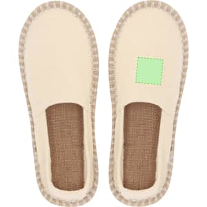 A pair of beige espadrilles with a woven jute sole, featuring a simple design and a logo area.