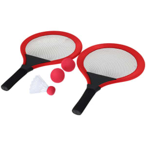A set of red and black rackets, two pink balls, and a shuttlecock, all displayed together. The set includes a logo.