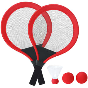A set of red badminton rackets with black handles and two red shuttlecocks. Includes a mesh carrying bag.