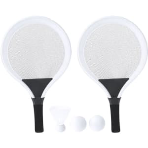 A set of two white racquets and two white balls, along with a shuttlecock, all with black handles.