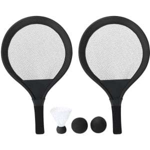 A black and white Babic Game Set featuring two paddles, two balls, and a shuttlecock. The set includes a logo.