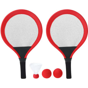 Two red racquets with black handles, accompanied by two colourful balls and a shuttlecock, all in a game set.