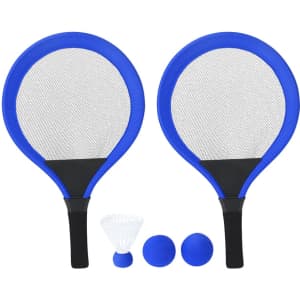 Two blue paddles with mesh centers and black grips, accompanied by two blue balls and a shuttlecock.