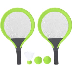 A bright green badminton game set featuring two rackets, shuttlecock, and two balls, with a black grip.