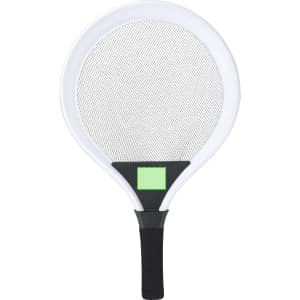 A white paddle with a black handle and a green accent, designed for games. It features a mesh hitting surface.