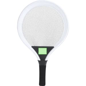 A white and black tennis racket with a mesh head and a green square on the handle, featuring a textured grip.