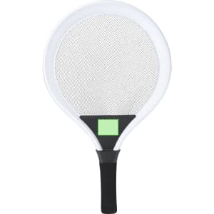 A white racquet with a black handle and green accent, designed for play with a mesh netting.