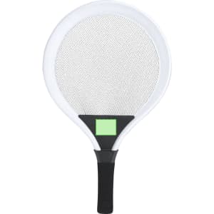 A white and black game paddle with a mesh surface and a green accent on the handle. Features a branding logo.