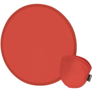 A red frisbee and a matching pouch for storage. The frisbee features a logo.