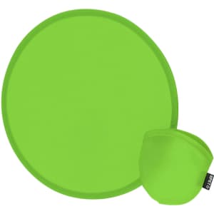 A bright green Frisbee with a matching carrying pouch. It features a logo on the pouch.