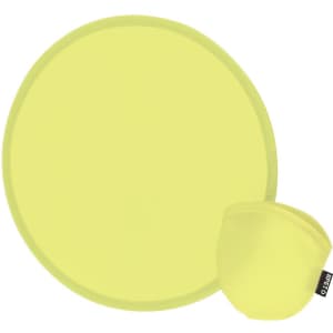 A bright yellow frisbee and a matching carrying pouch, featuring a logo. Ideal for outdoor activities and games.