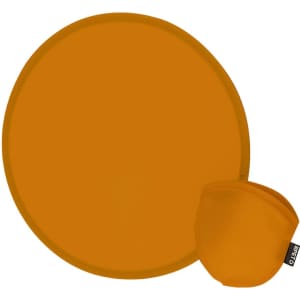 An orange frisbee alongside a matching carry pouch. The frisbee is round with a smooth surface.