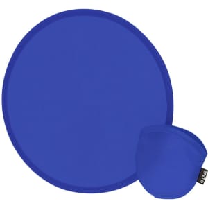 A blue Lainer Frisbee and matching pouch, featuring a logo, displayed on a white background.