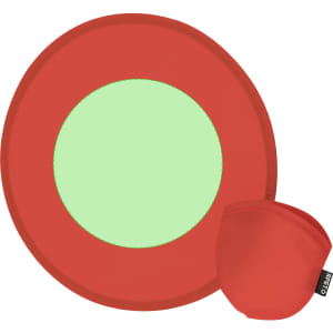 A red frisbee with a light green centre and a matching storage pouch. It features a logo.