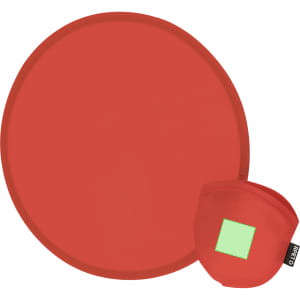 A red frisbee with a compact pouch for storage. The pouch has a small green section and features branding.