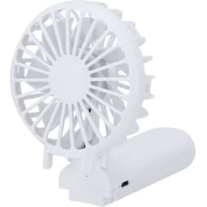 A portable white fan with a USB charging port and a compact design. It has a logo on the side.