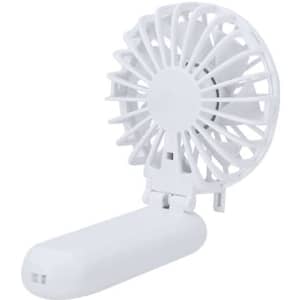 A portable white fan with a collapsible design, featuring a circular blade structure and a sleek handle.