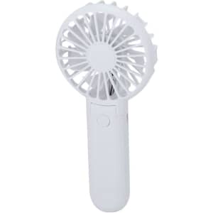 A white handheld fan with a circular blade design and a handle, featuring a button for operation.