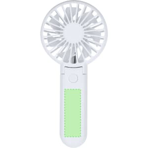 A hand-held white fan with a green section on the handle. It features a circular fan head and a power button.