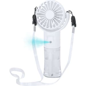A portable white vaporiser fan with a detachable strap and a spray mist feature. It has a circular fan design.