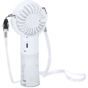 A white hand-held fan with a detachable water reservoir and a strap for carrying. It features a logo on its body.